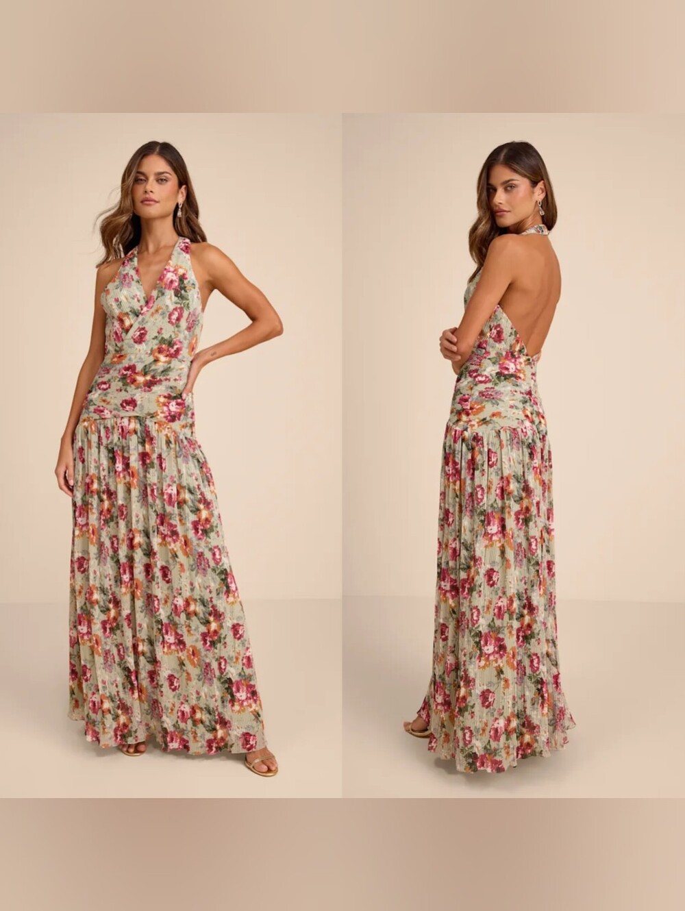 Lulus Sylvanna Sage Floral Halter Drop Waist Maxi Dress Wedding Party Formal